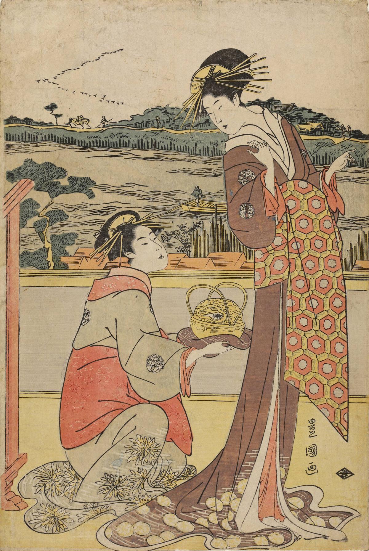 Two Courtesans in a Teahouse Overlooking the Sumida River