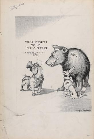 English Bull, Russian Bear, and French Poodle, drawing for an Akron Beacon Journal cartoon