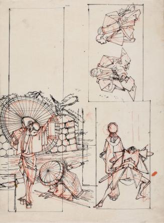 Three Sketches: Standing Figure with Umbrella and Lantern