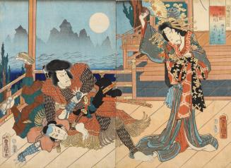 The characters Hakata no Kojorō (R) and Kezori Kuemon (L) in the play Hakata no Kojorō Namimakura from the series Eight views of Shiranui