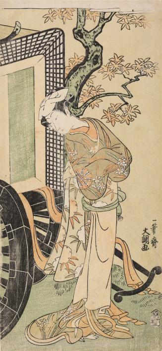 The Actor Nakamura Tomijuro I as a Teahouse Waitress Standing beside a Court Carriage