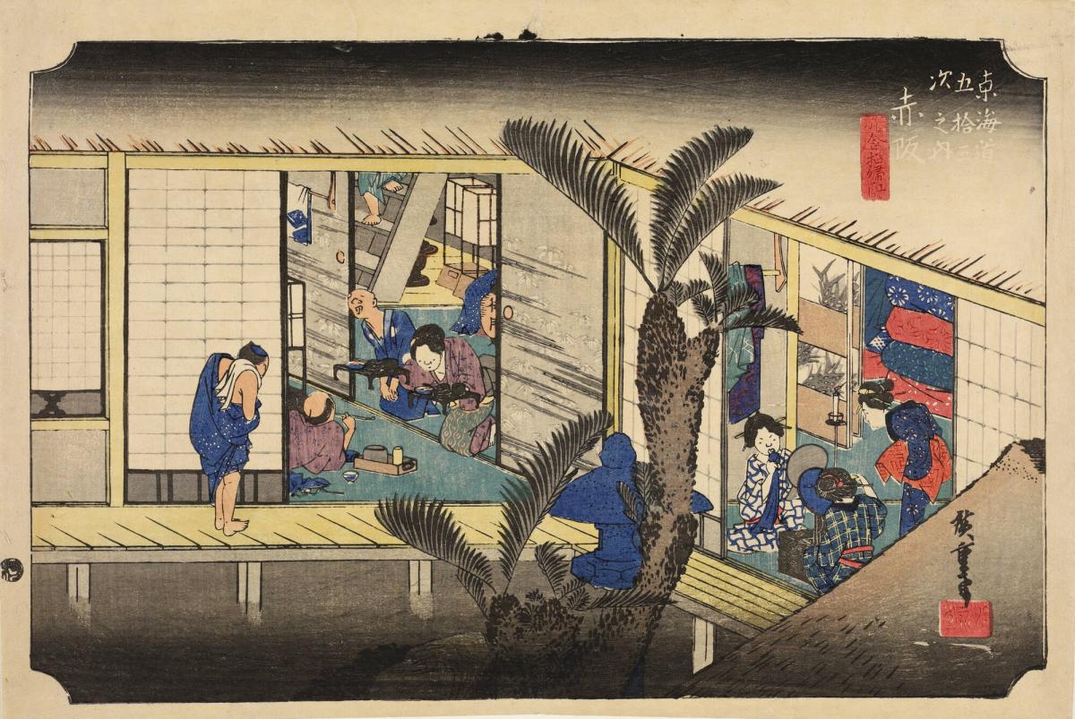 Travellers and Hostesses at an Inn at Akasaka, no. 37 from the series Fifty-three Stations of the Tōkaidō