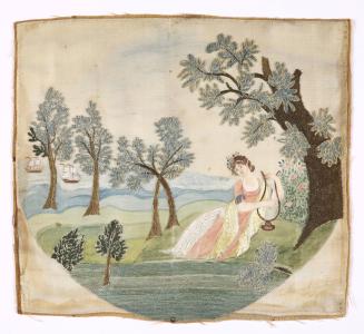 "Spanish Guitar" Round Embroidered Panel Depicting a Woman in Pastoral Setting Playing a Lute