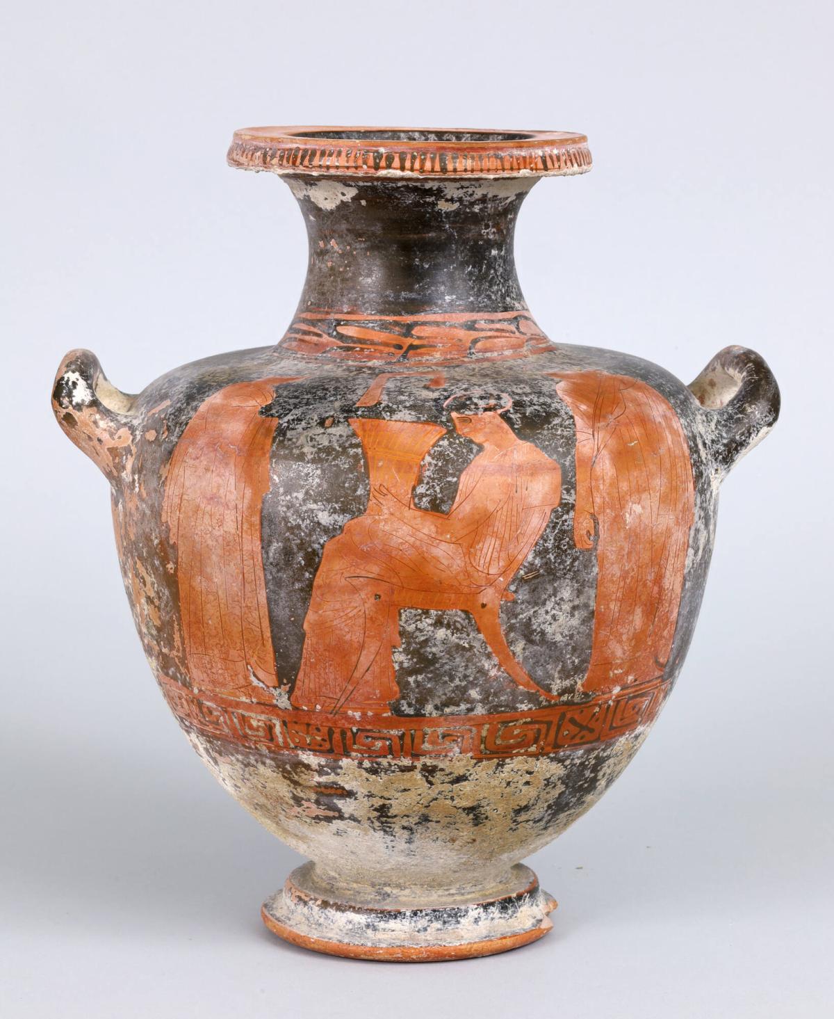 Red-figure Hydria ( water jug) with Handles Depicting a Bride (with work basket) Between a Youth and a Girl