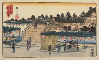 Wisteria Arbor and Drum Bridge at the Temman Shrine at Kameido, from the series Famous Places in Edo