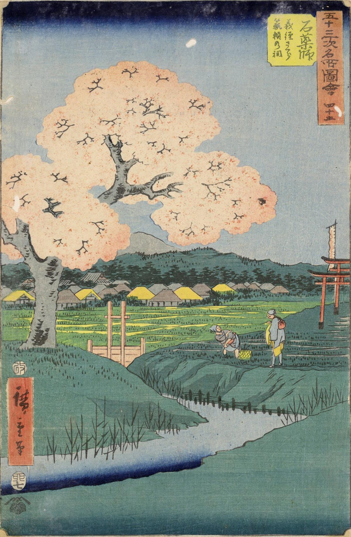 Yoshitsune's Cherry Tree and the Shrine to Noriyori at Ishiyakushi, no. 45 from the series Pictures of Famous Places of the Fifty-three Stations, the Vertical Tōkaidō