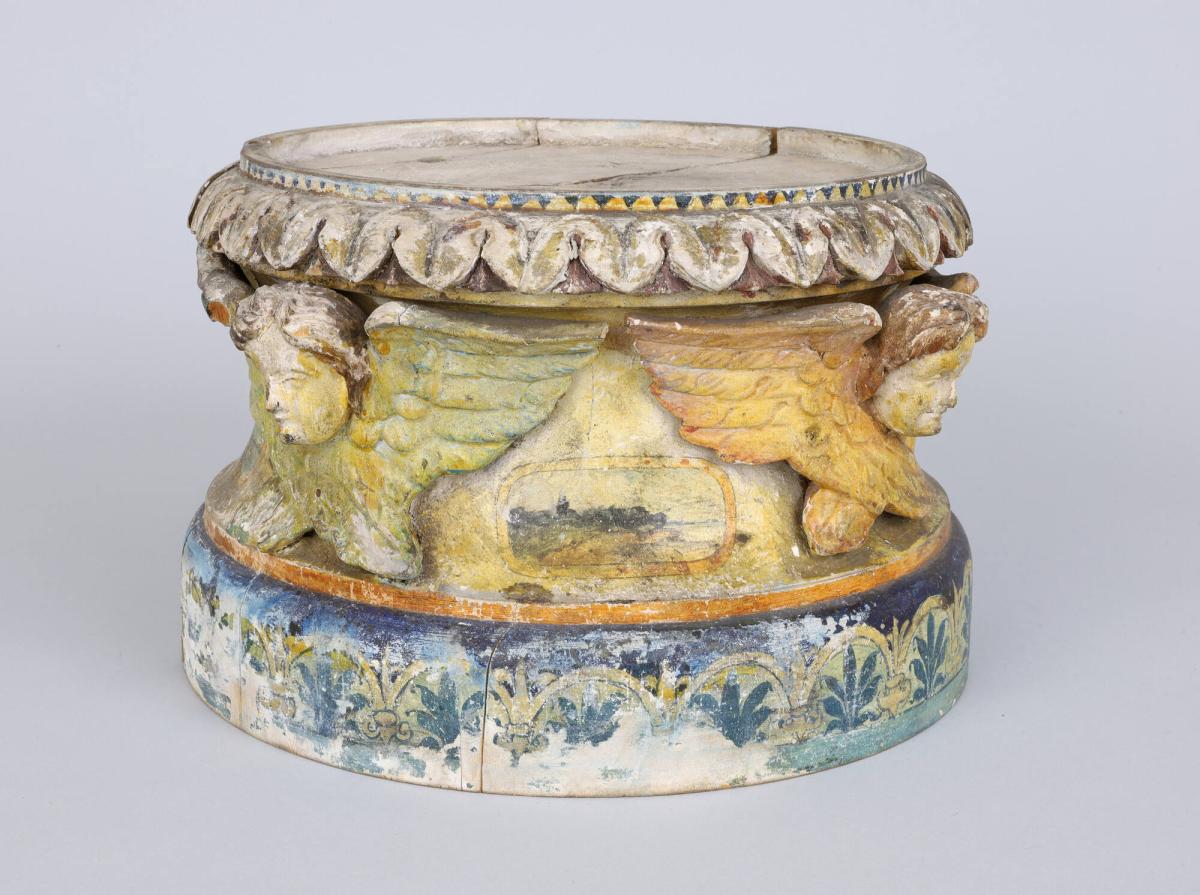 Painted Pedestal with Angel Heads Carved in Relief