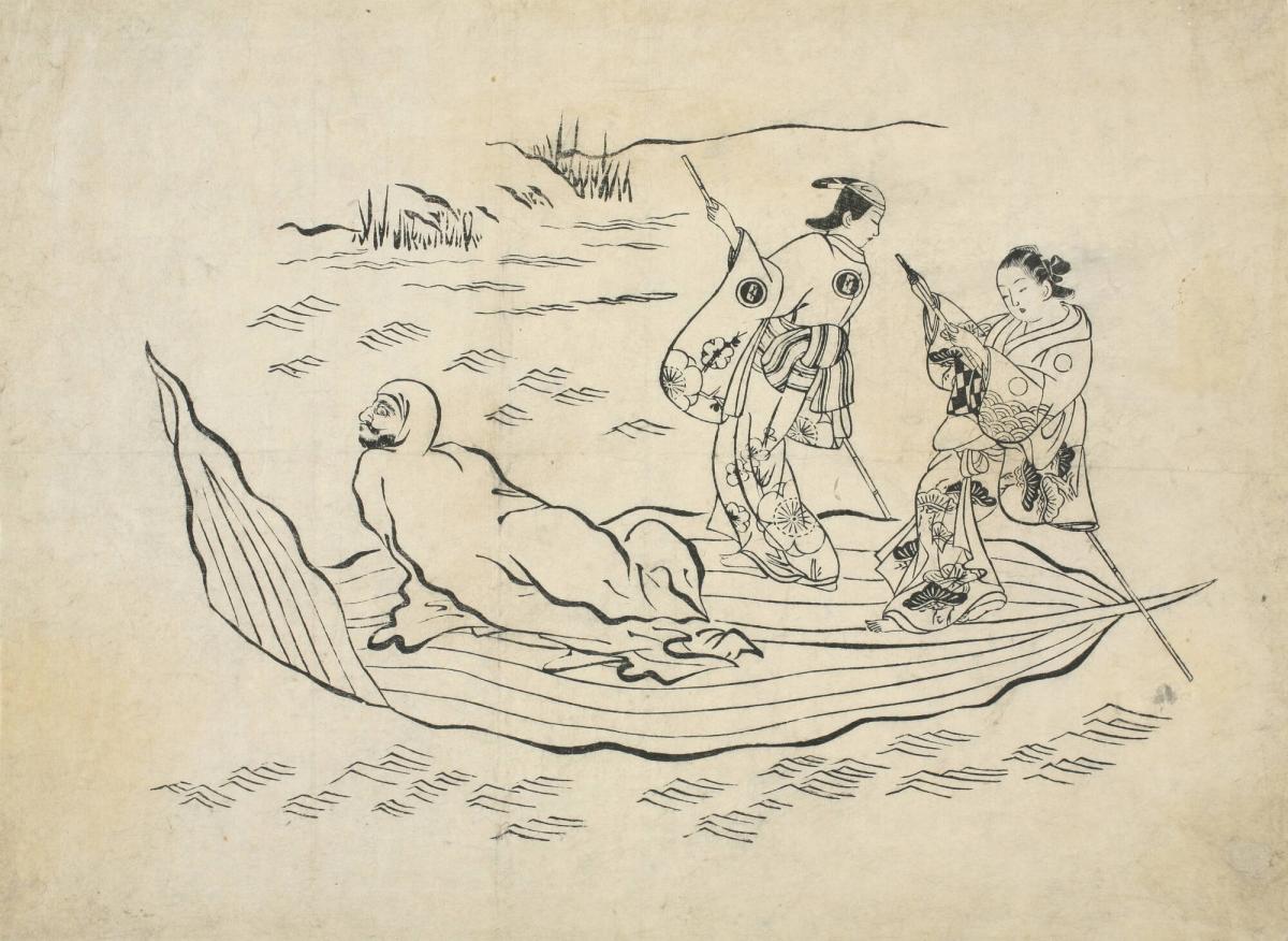 Actor and Courtesan Ferrying the Buddhist Patriarch Bodhidharma on a Boat  Made from the Leaf of a Reed, from Series of untitled historical parodies –  Works – Allen Memorial Art Museum