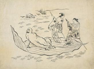 Actor and Courtesan Ferrying the Buddhist Patriarch Bodhidharma on a Boat Made from the Leaf of a Reed, from Series of untitled historical parodies