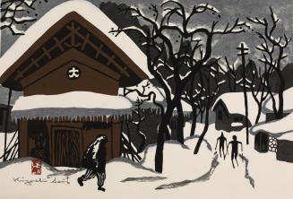 Village Scene with Skiers, from the series Winter in Aizu