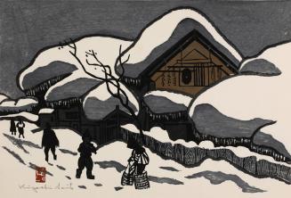Village Scene with Woman Carrying Baskets, from the series Winter in Aizu