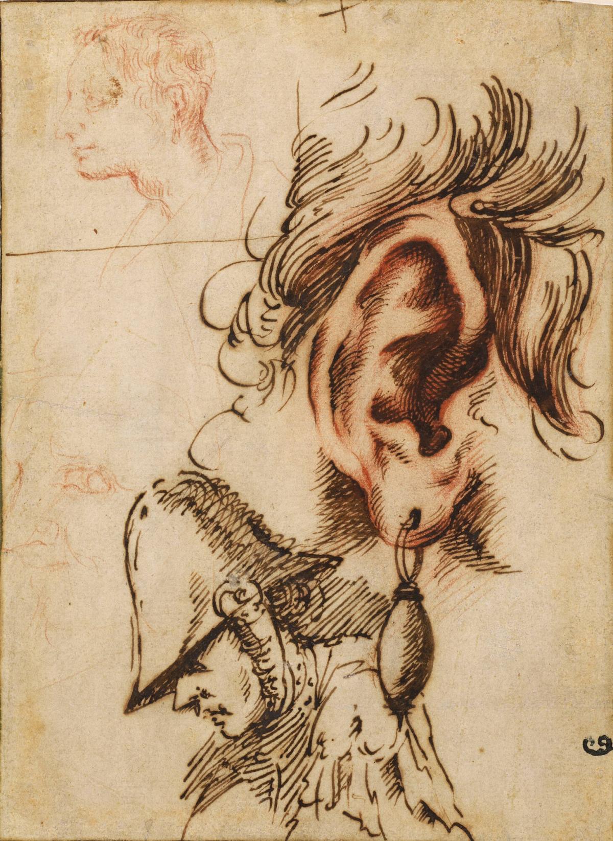 Studies of an Ear with an Earring, the Head of a Solidier and Two Male Heads