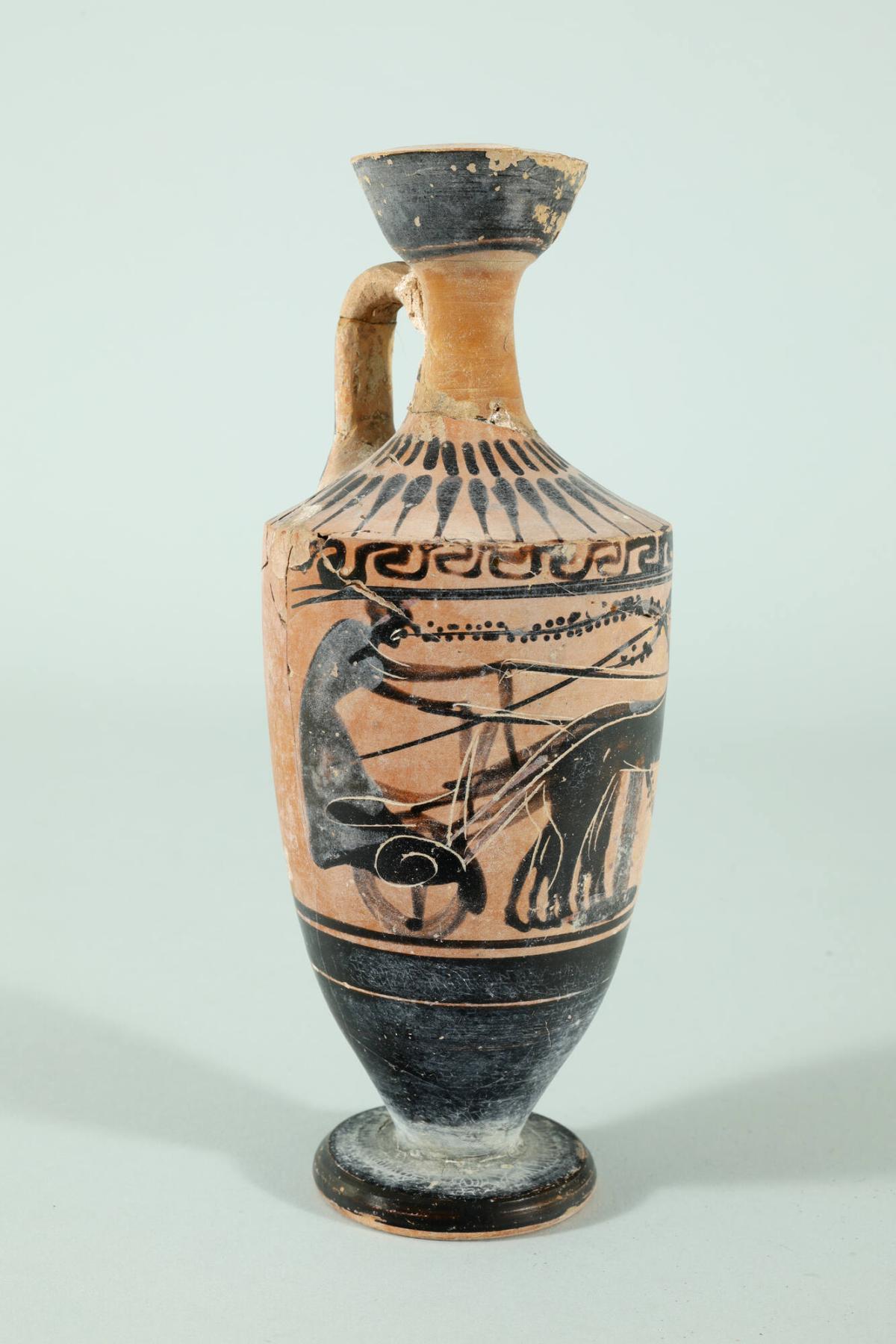 Black-figure Lekythos (oil flask) with Two-Horse Chariot Passing the Winning Post