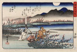 The Poet Toshiyori Viewing Bush Clover and the Autumn Moon at the Noji Tama River in Omi Province, with a Poem by Toshiyori, from the series The Six Tama Rivers in the Provinces