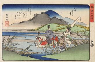 The Poet Shunzei Stopping his Horse to Admire the Yellow Yamabuki Flowering at the Ide Tama River in Yamashiro Province, with a Poem by Fujiwara no Shunzei, from the series The Six Tama Rivers in the Provinces