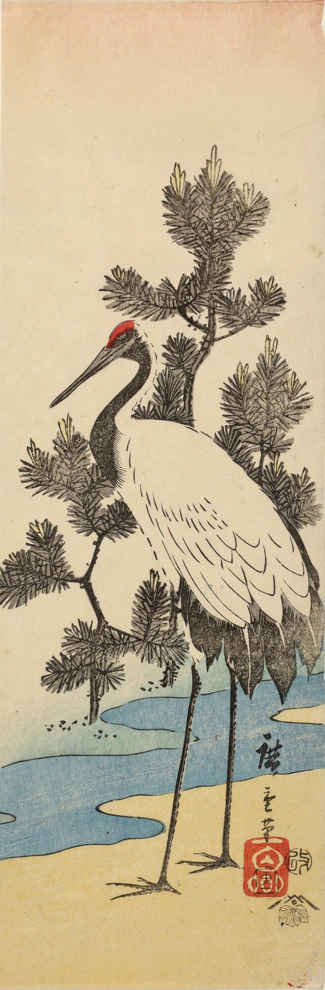 Crane and Pines by a Stream