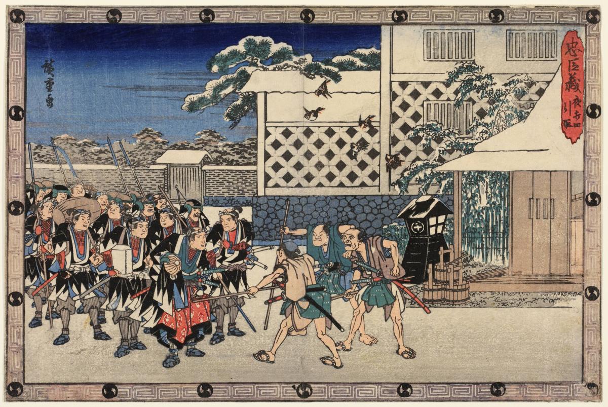 The Ronin are Halted on Their Way to Sengaku Temple by Retainers of the Lord of Sendai, Act 11, no. 4, from the series Chushingura