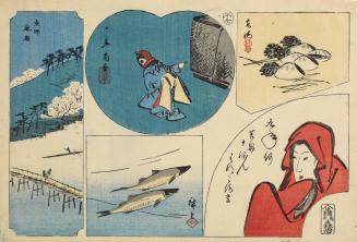 Clams, Fish, Tongue-cut Sparrow, Female Bodhidharma and View of Arashiyama in Kyoto, from an untitled series of harimaze, or assemblage prints