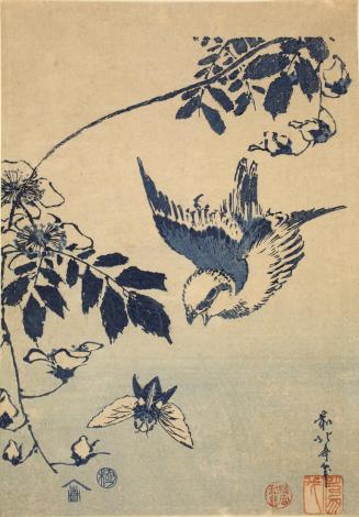 Sparrow, Cicada and Flowers, from an untitled series of pictures printed in blue