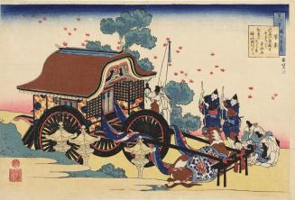 Carriage and Attendants Waiting for the Poet Sugawara Michizane as He Worships on Mt. Tamuke, no. 24 from the series The One Hundred Poems as Explained by the Old Nurse