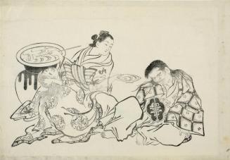 The Courtesan Takao and Two Drunken Shojo, or Wine Imps, from untitled series of parodies of classical or traditional themes