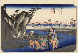 Wrestlers Fording the Okitsu River, no. 18 from the series Fifty-three Stations of the Tōkaidō