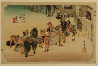 Changing Porters and Horses at Fujieda, no. 23 from the series Fifty-three Stations of the Tōkaidō