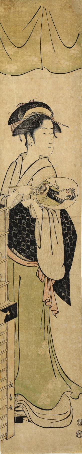 The Waitress Ohisa of the Takashimaya Teahouse Holding a Fan with a Portrait of the Actor Matsumoto Koshiro IV as the Fisherman Gorobei by Sharaku