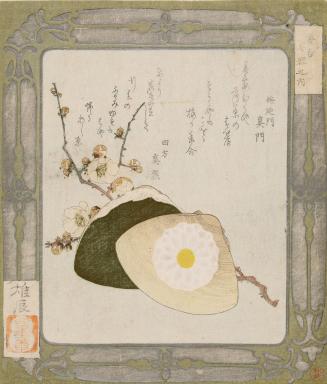 Surimono with Clamshells and Plum Blossoms; illustrating poems by Umenomon Makado and Yomo no Magao, from the series A Series of Incense Games