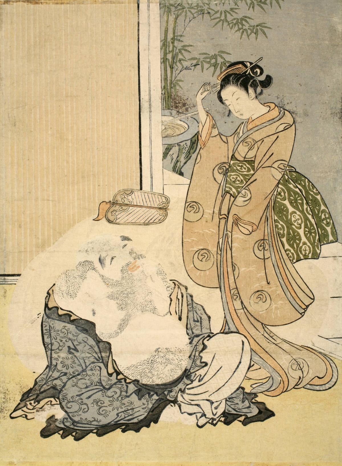 The God Hotei Watching a Girl Adjust a Hairpin