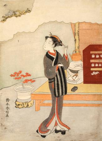 Tea Server Watching a Cuckoo Fly above a Temple