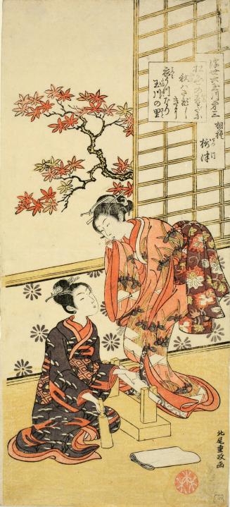 Two Young Women by a Fuller's Block Representing the Toi Tama River in Settsu Province, plate 3 from A Floating World Version of the Six Tama Rivers