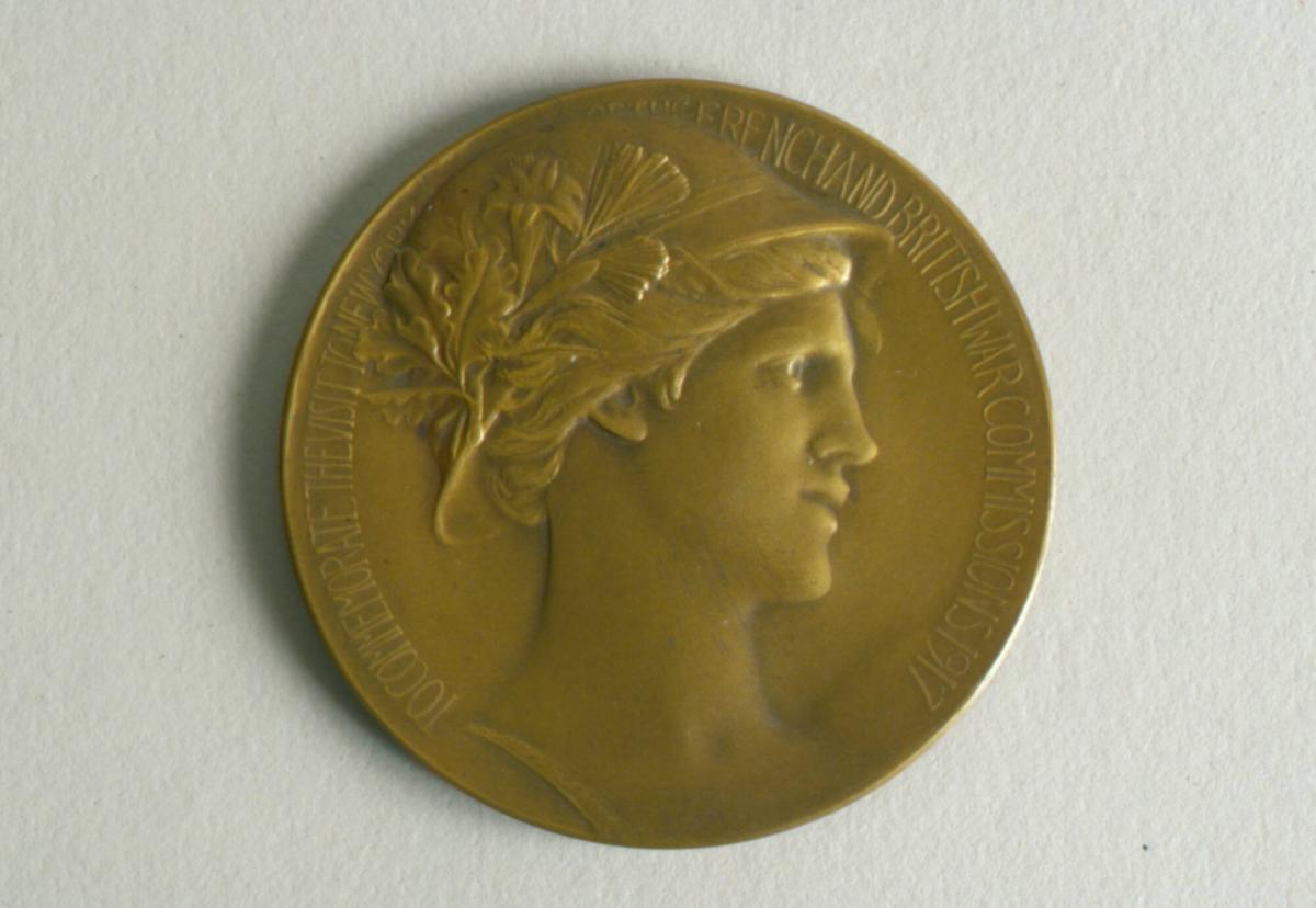 Medal to Commemorate the Visit to New York of the French and British War Commissions: Recto, Head of a Woman Encircled by Inscription; Verso, Gallia and Britannia greeting Columbia