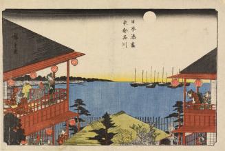 Full Moon over the Teahouses beside the Bay at Shinagawa in the Eastern Capital, from the series Harbors of Japan