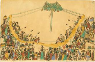 56. The warriors making their grand entry into the Medicine Lodge before beginning the dance.  They fire first at the image hanging from the center pole.  One band has just arrived and another is approaching the Lodge.; 55. [blank page]; 65. [blank page];