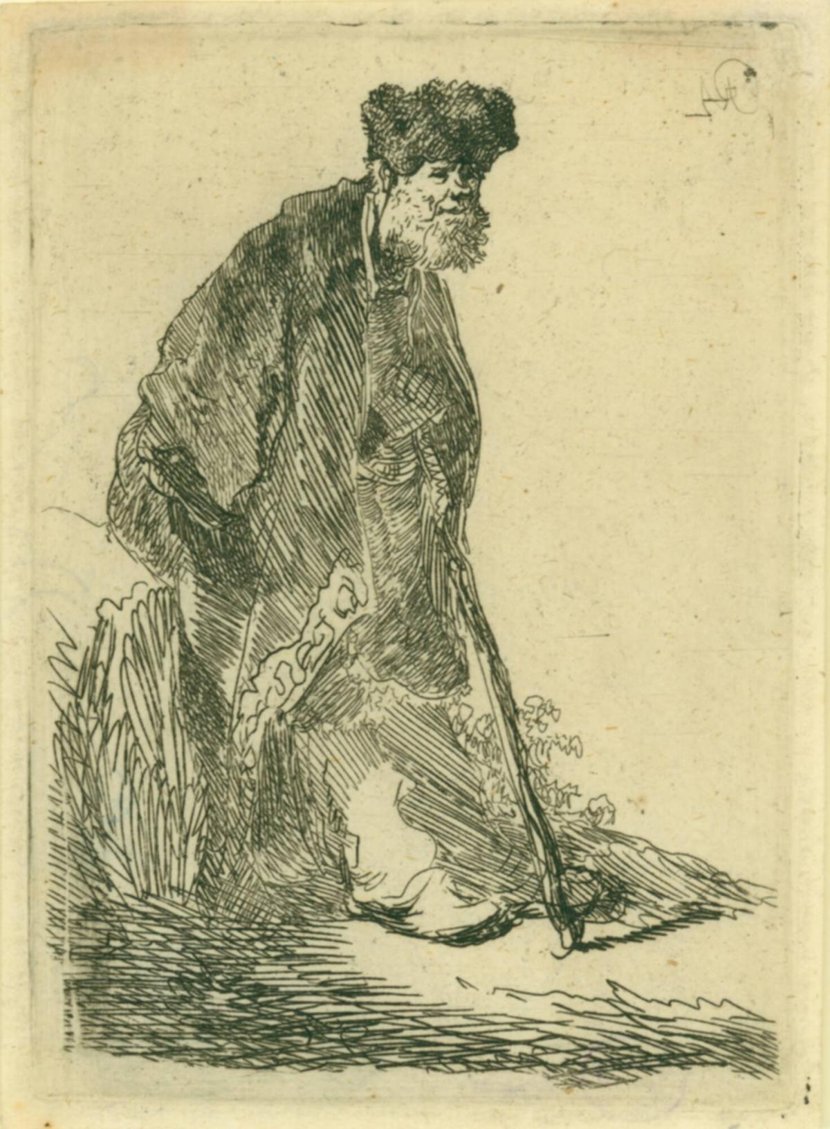 Man in a Coat and Fur Cap Leaning Against a Bank