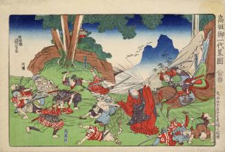Tojo no Saemon Attacks Nichiren at Komatsubara in 1264, from the series A Short Pictorial Biography of the Founder of the Nichiren Sect