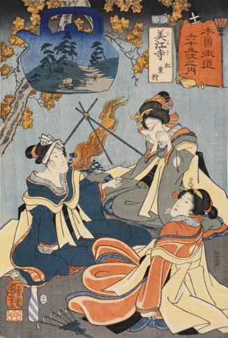 Mieji: Women Dressed as "Eji," or Palace Workmen, Viewing Maple Leaves, no. 56 from the series The Sixty-nine Stations of the Kisokaidō