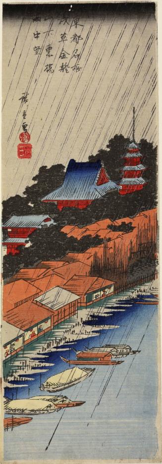 View of Azuma Bridge in the Rain below Kinryuzan Temple, from the series Views of Famous Places in the Eastern Capital