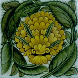 Hand-painted Pottery Tile with Yellow Chrysanthemum Flower and Foliage (called Cavendish tile)