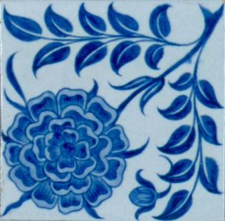 Hand-painted Pottery Tile with Single Blue Rose Flower and Foliage