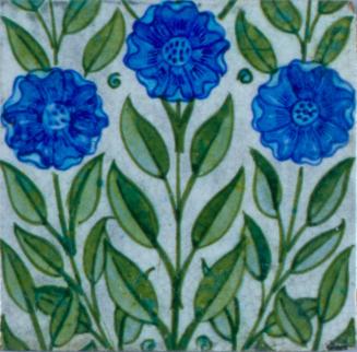 Hand-painted Pottery Tile with Three Blue Rose Flowers and Foliage