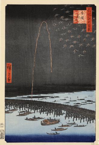 Fireworks by the Ryōgoku Bridge (Ryōgoku hanabi), from the series One Hundred Famous Views of Edo (Meisho Edo hyakkei)