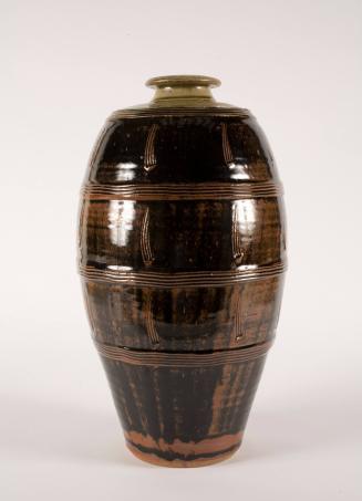 Tall Tenmoku Glazed Bottle with Raised and Combed Lines
