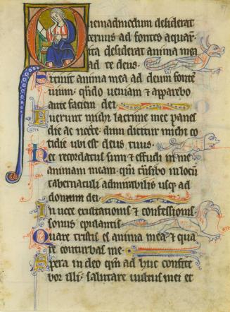 Leaf from a Psalter, with the Initial Q ("Quemadmodum"):  Prophet at a Lectern