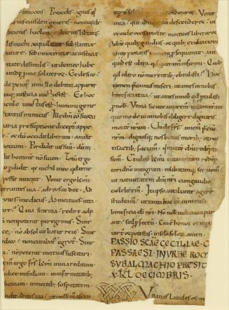Page from a Book of Homilies with Text Relating to St. Cecilia, Patroness of Music (Latin)