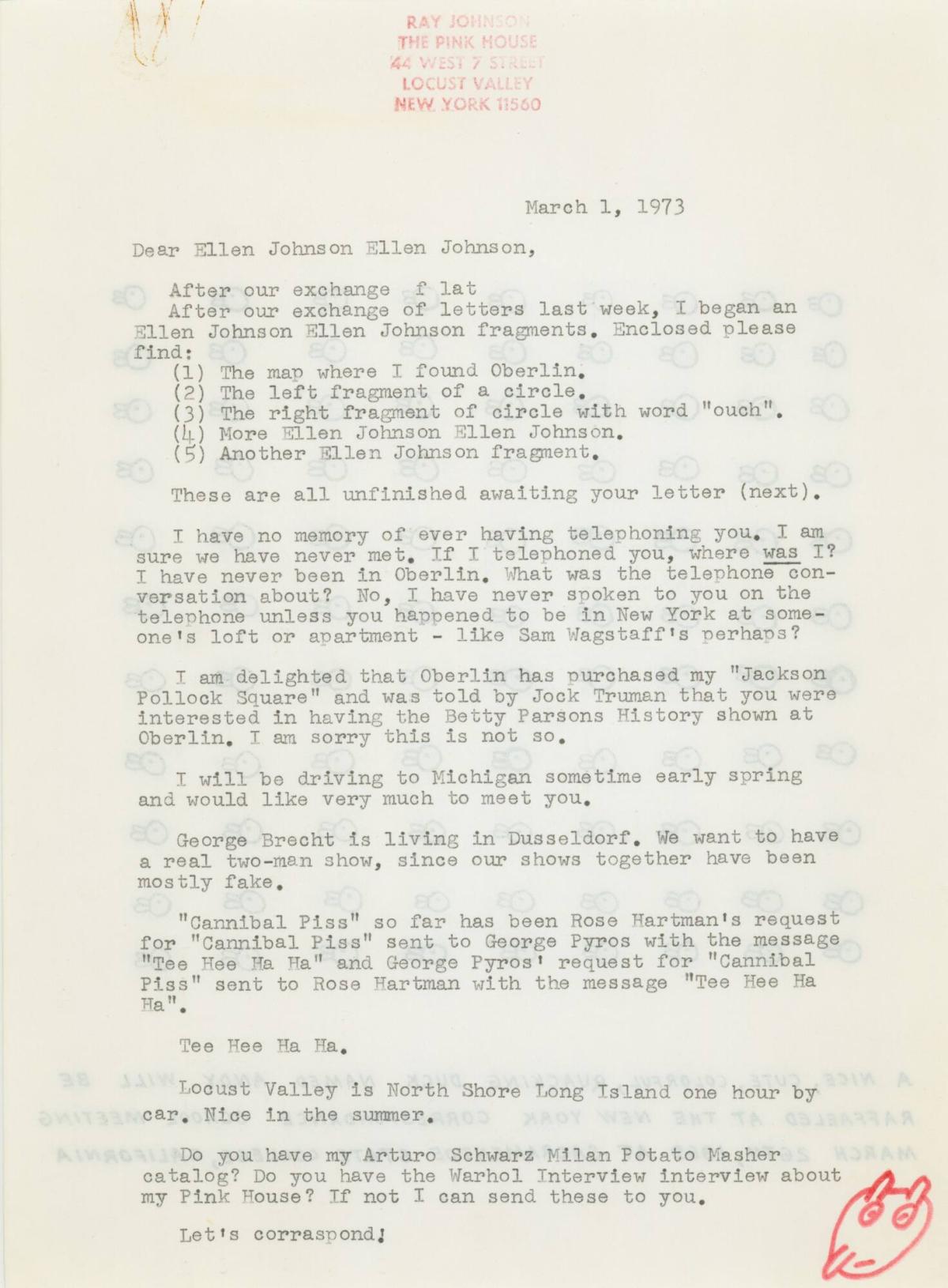 Letter from Ray Johnson to Ellen Johnson