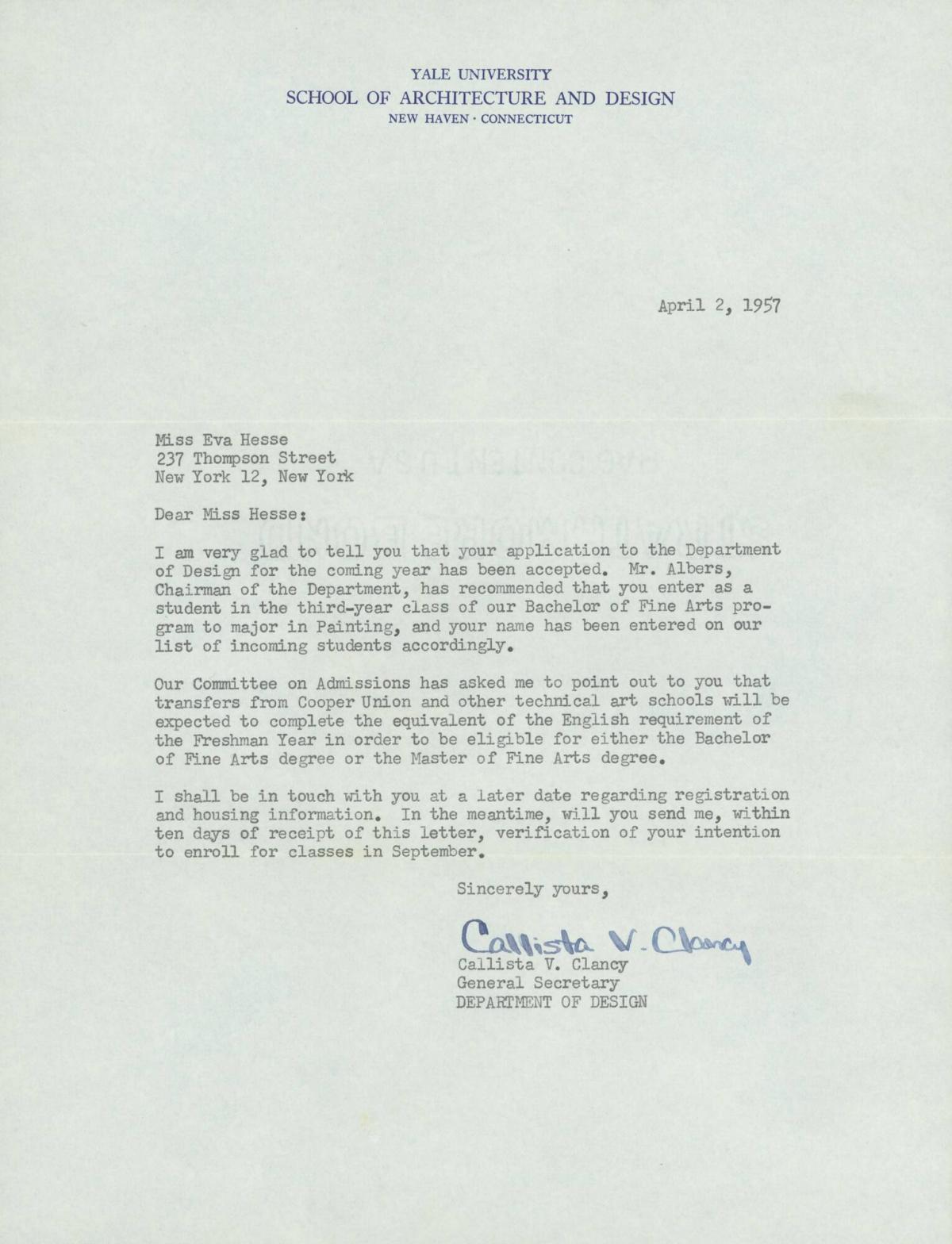 Letter from Callista V. Clancy, Yale Department of Design, to Eva Hesse