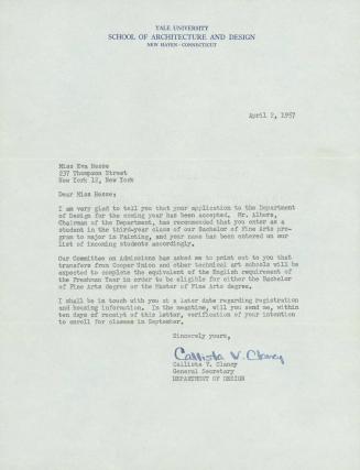 Letter from Callista V. Clancy, Yale Department of Design, to Eva Hesse