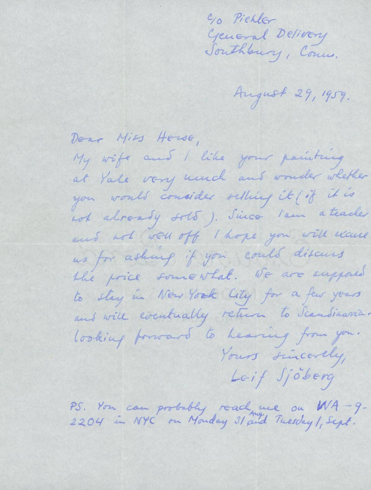 Letter from Leif Sjoberg to Eva Hesse